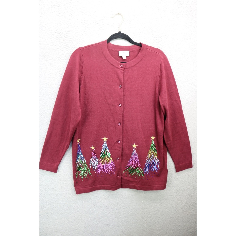 Quacker Factory Burgundy Beaded Sequin Christmas Sweater-Med.-Button Up-Holiday